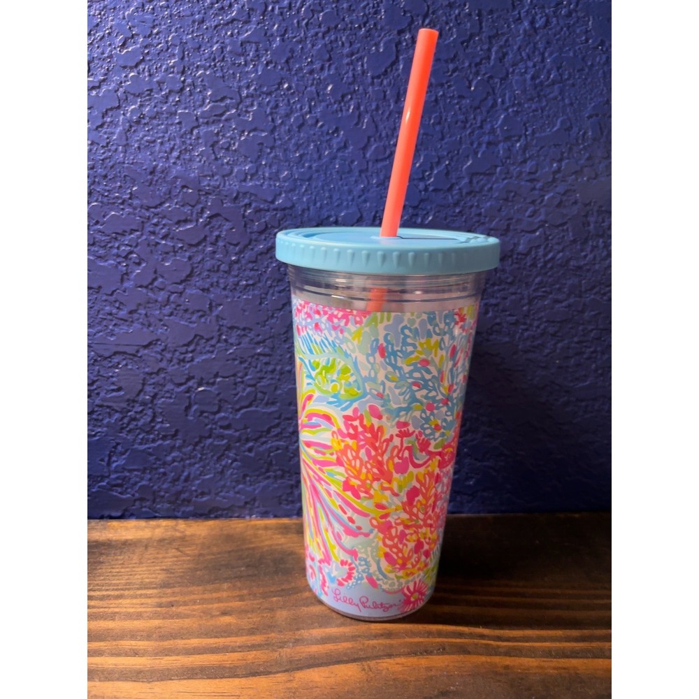 Lilly Pulitzer Coral Me Crazy Tumbler Cup w/ Lid & Straw 24 oz BPA Free